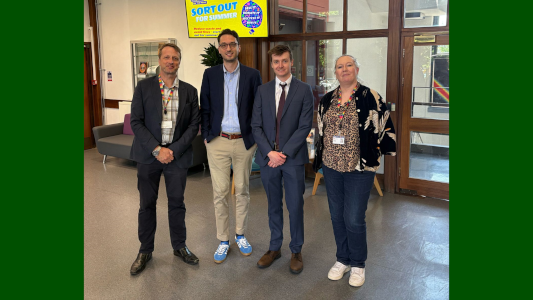 Photograph of Cameron Woodgate (second from the right) with his supervisor Prof Stephen Eichhorn (left) and examiners Dr Dimitrios Papageorgiou (second from the left) and Prof Annela Seddon (right)